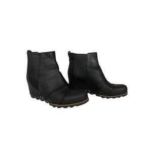 Sorel Lea Joan of Arctic Wedge Ankle Boot Black Leather Pull On Womens Size 11